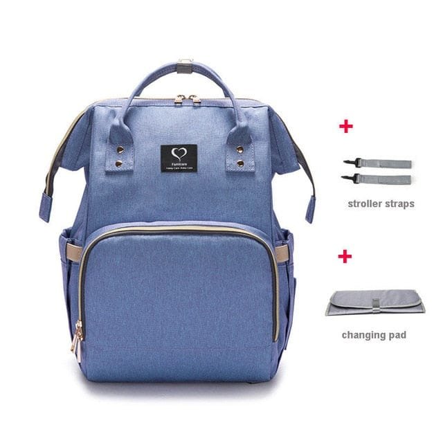 Blue backpack with stroller straps and changing pad on a white background