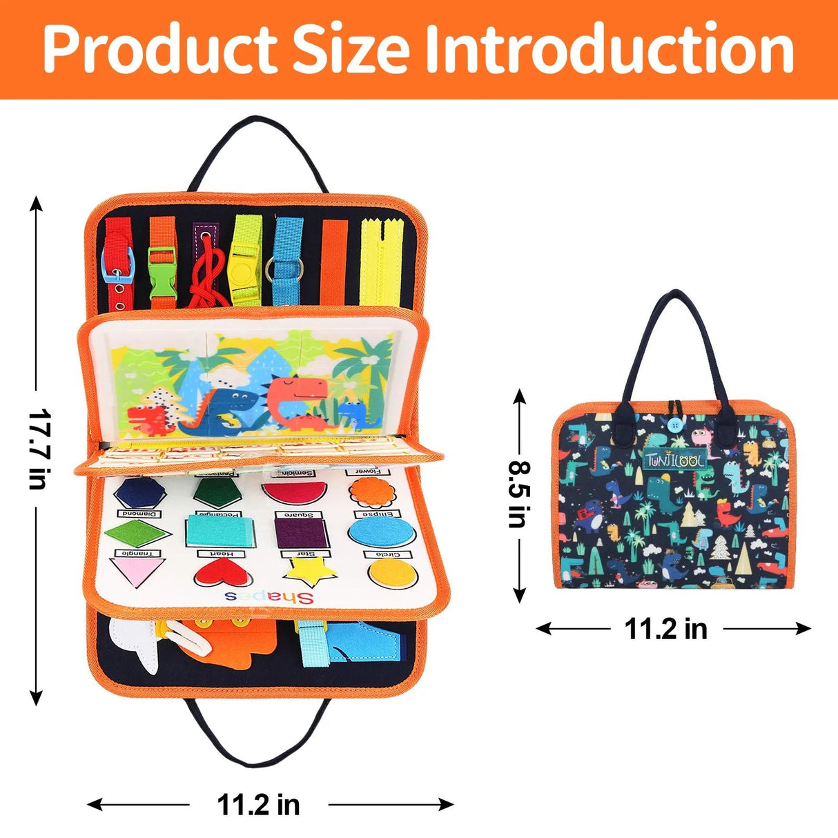 Product size introduction with a colorful educational tool and dimensions displayed.