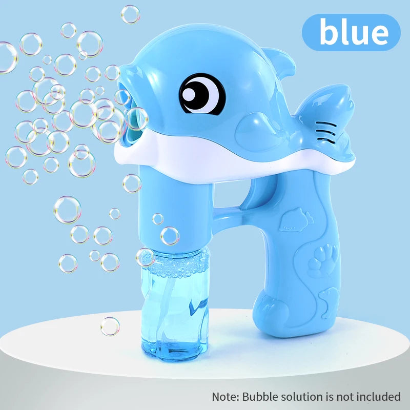 Blue dolphin-shaped bubble gun with bubbles on a light blue background