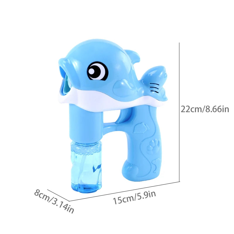 Blue dolphin-shaped water gun with measurements on a white background