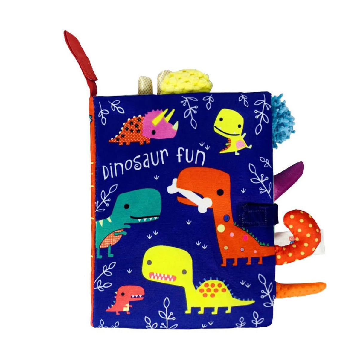 Children's soft book with colorful dinosaur illustrations on a blue background