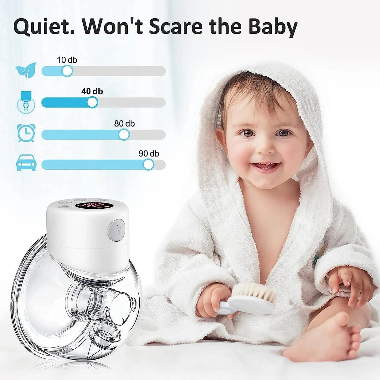 Baby in a white robe with a white device labeled 'Quiet. Won't Scare the Baby' on a white background.