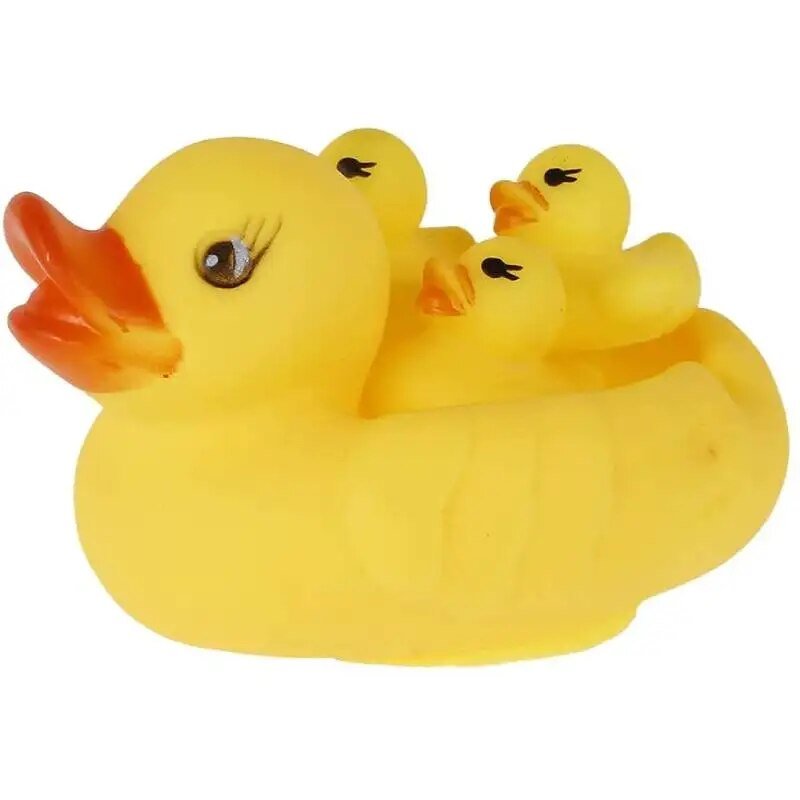 Yellow rubber duck with three smaller ducks on its back.