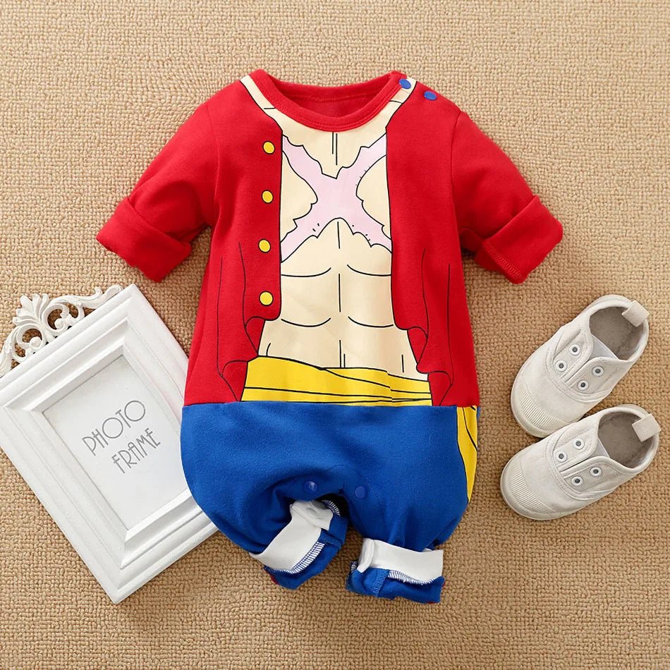 Baby romper with red top and blue pants