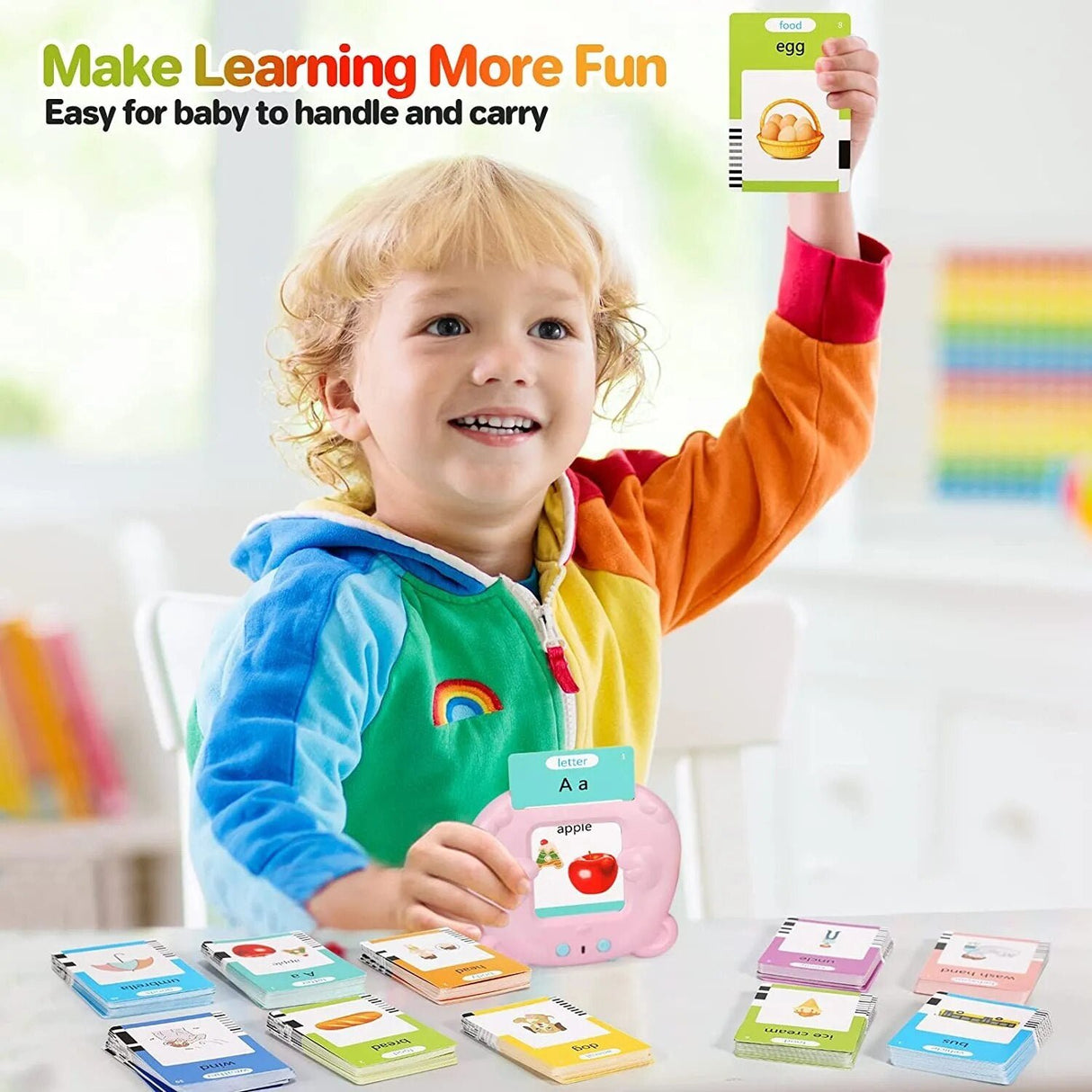 Child holding an educational card with colorful cards on a table, text 'Make Learning More Fun'.
