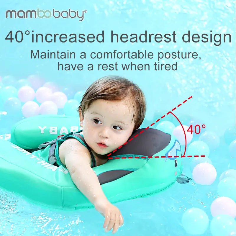 Child using a green neck support device with text about increased headrest design on a blue background.