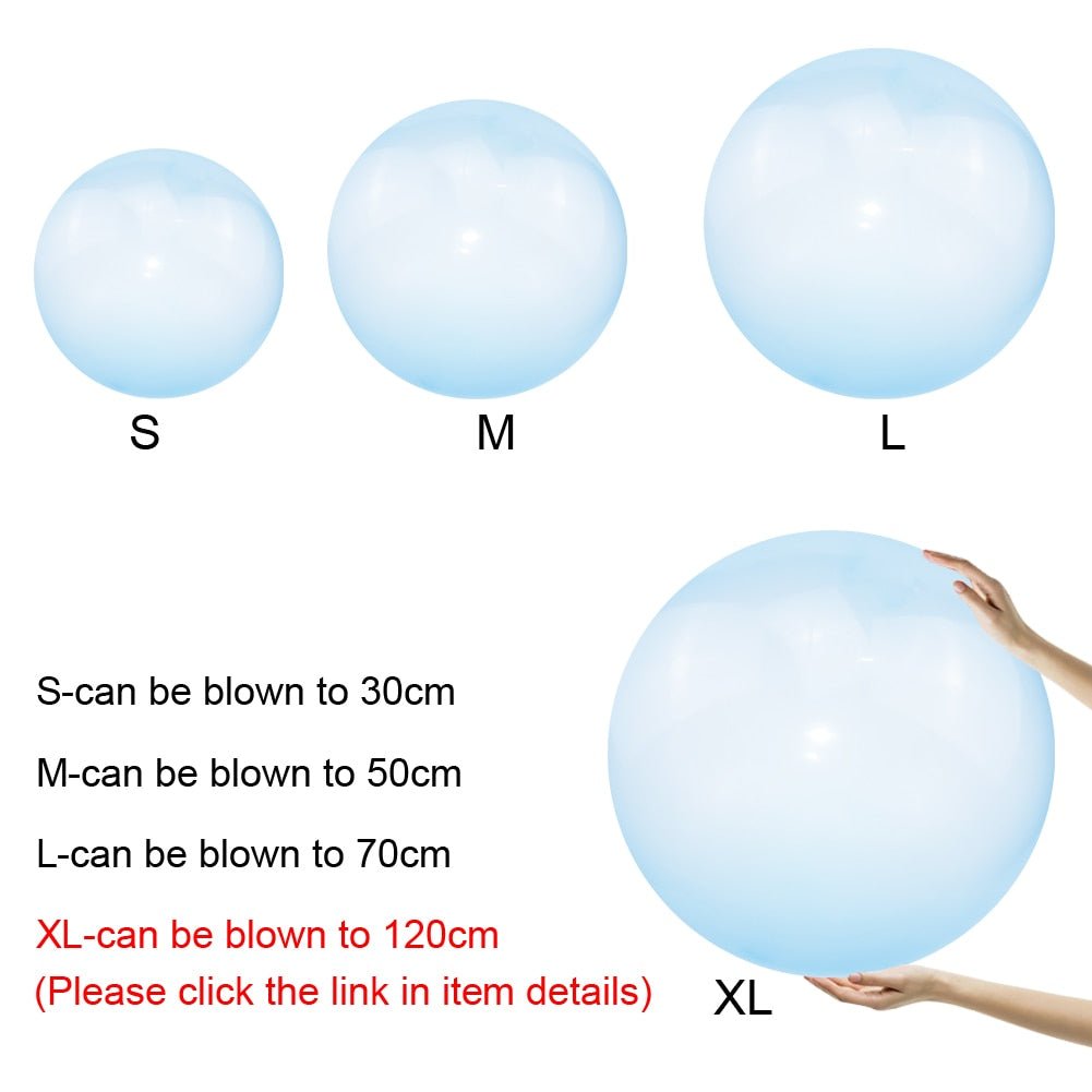 Blue balloons of different sizes with text indicating their maximum blown-up dimensions.