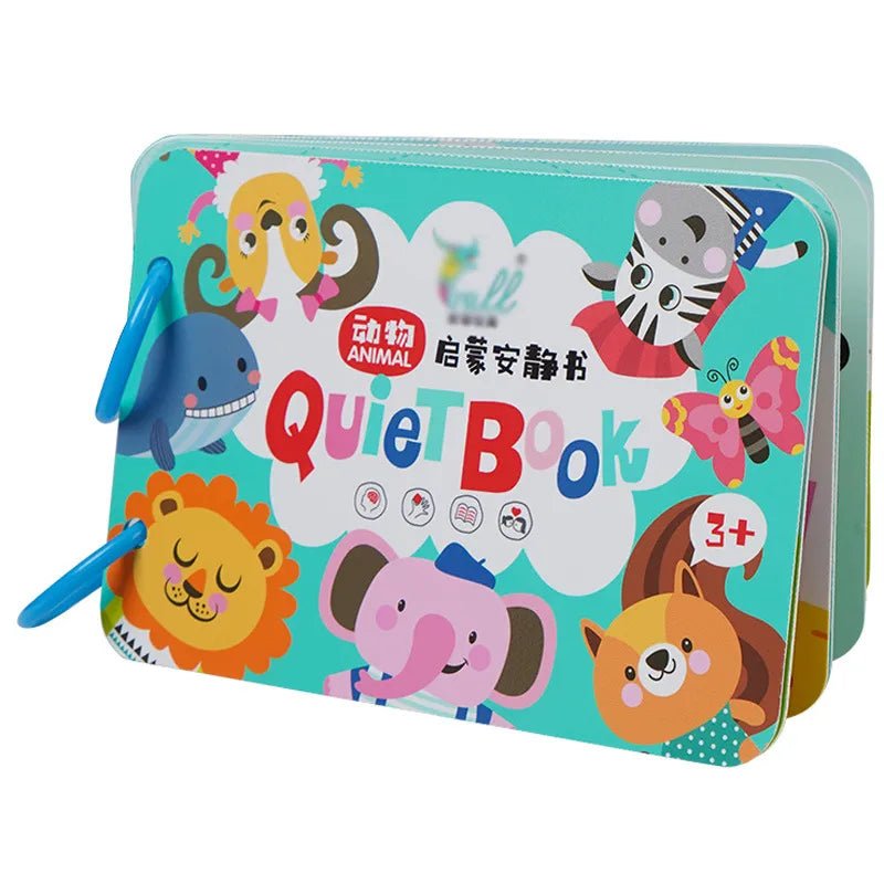 Children's quiet book with animal illustrations on a white background