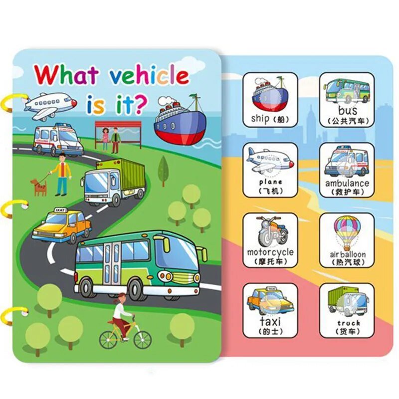 Children's book with illustrations of vehicles and labels on a colorful background