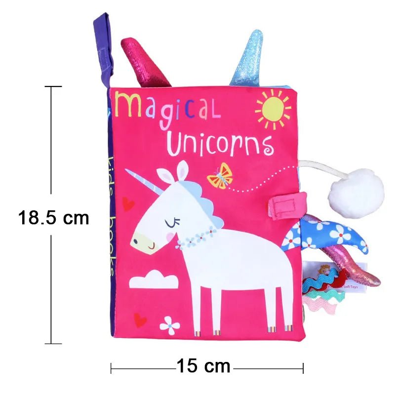 Children's book with unicorn design and colorful elements, dimensions indicated.