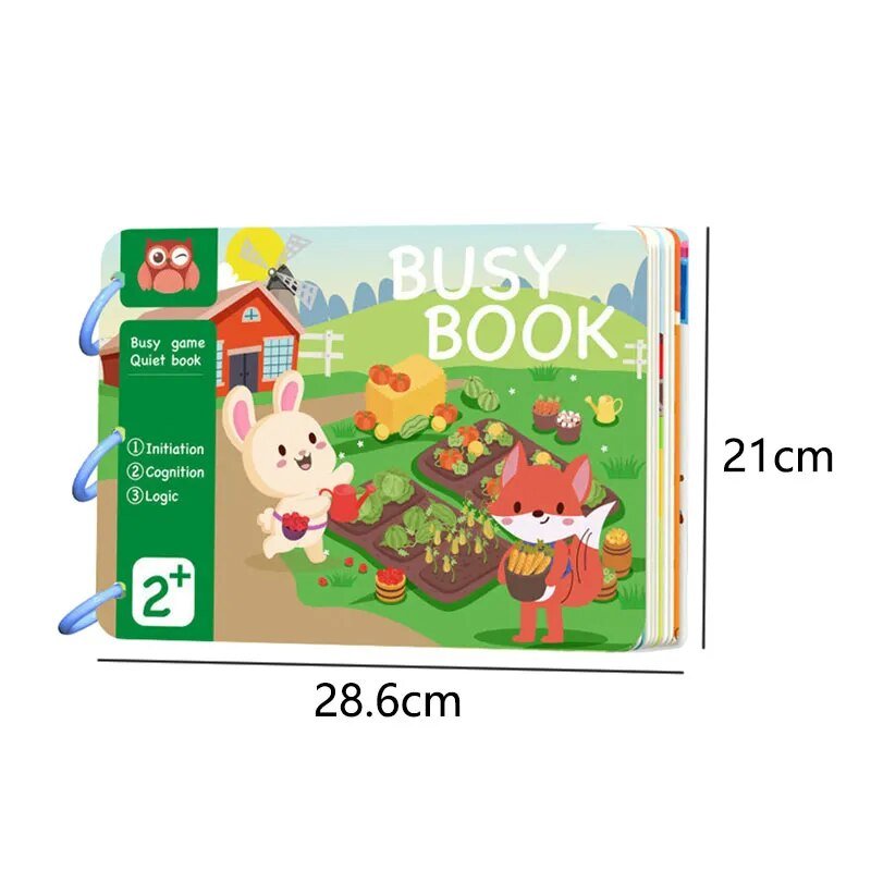 Children's busy book with cartoon animals on a white background