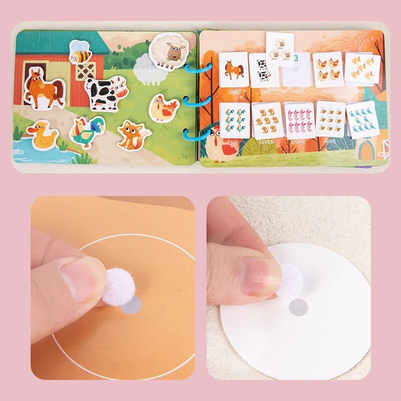 Children's educational book with farm-themed illustrations and a close-up of a hand using a white disc.