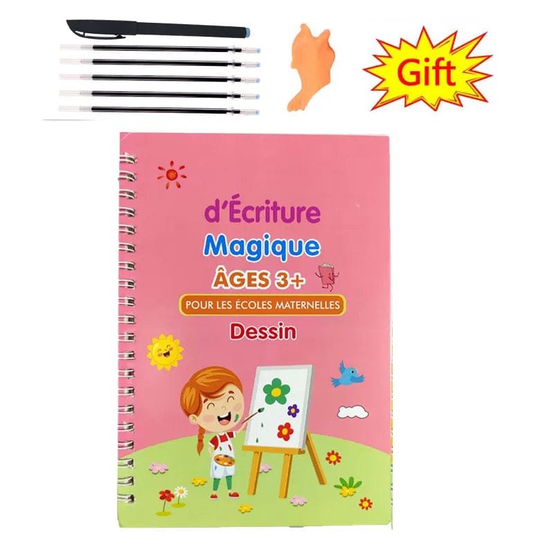 Children's notebook with art supplies on a white background