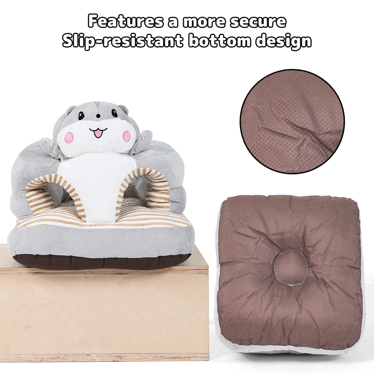 Children's seat with animal design and close-up of slip-resistant bottom material on a white background