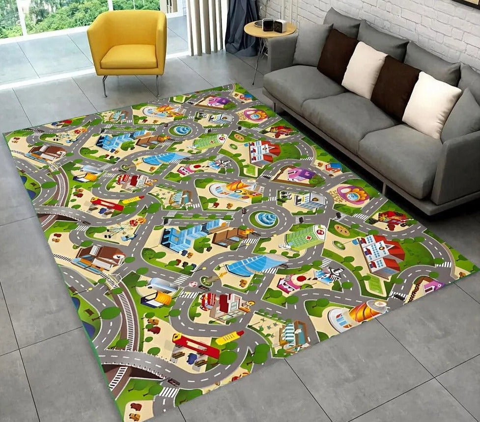 Colorful children's play rug with road map design in a living room.