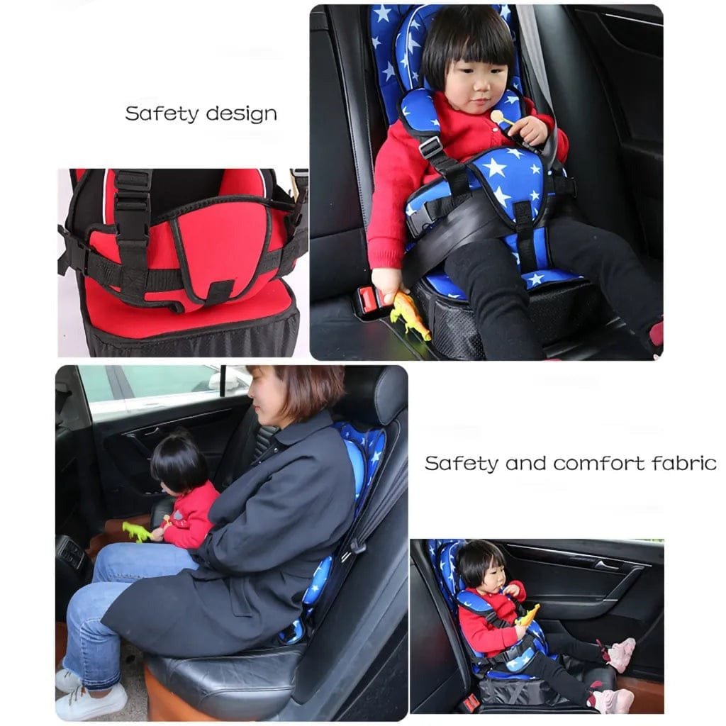 Collage of a child using a car seat with safety and comfort features.