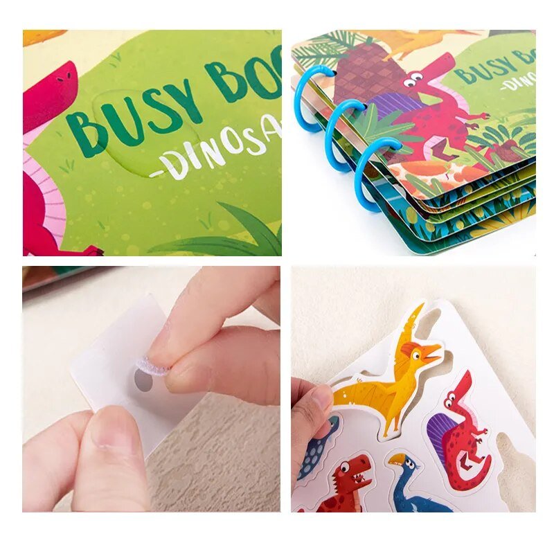 Collage of a dinosaur-themed busy book with colorful pages and interactive elements.