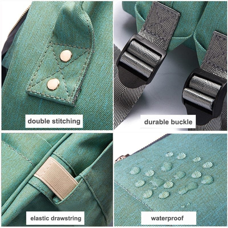 Collage of a green bag with features labeled: double stitching, durable buckle, elastic drawstring, and waterproof material.