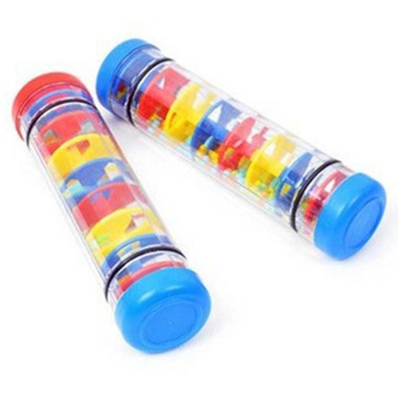 Colorful toy with geometric shapes in a transparent tube.