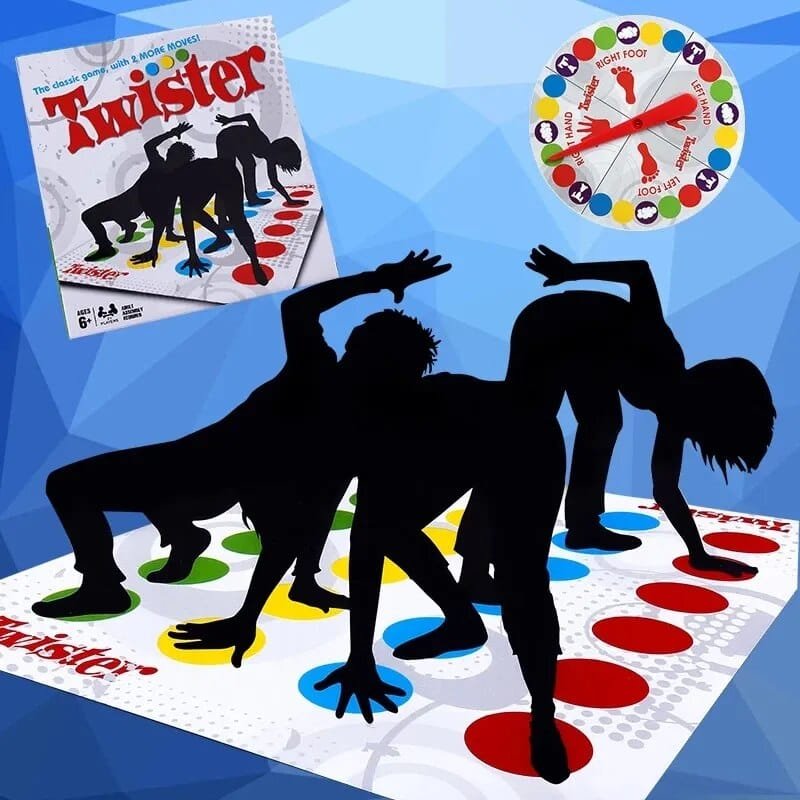 Twister game set with players on the mat and game components.