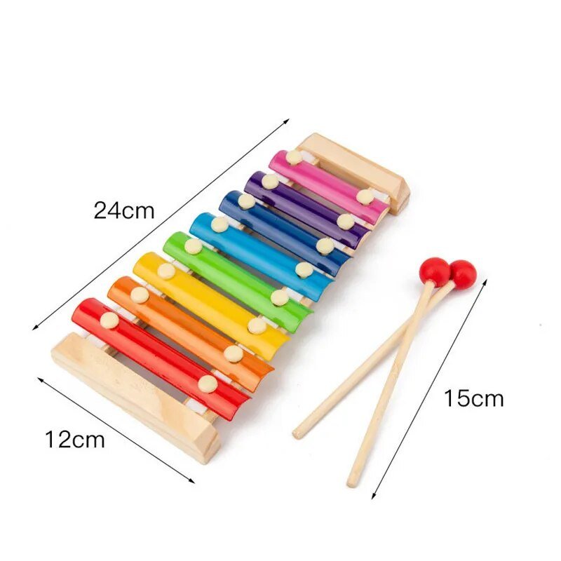 Colorful wooden xylophone with two mallets and measurements