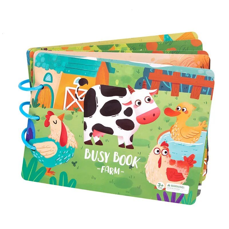 Colorful children's busy book with farm animal illustrations on a white background