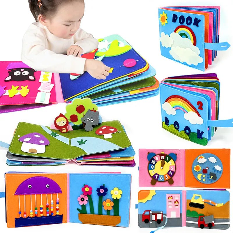 Colorful children's soft book with various designs and a child interacting with it.
