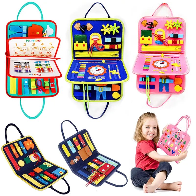 Colorful educational toys in bags with a child holding a pink toy.