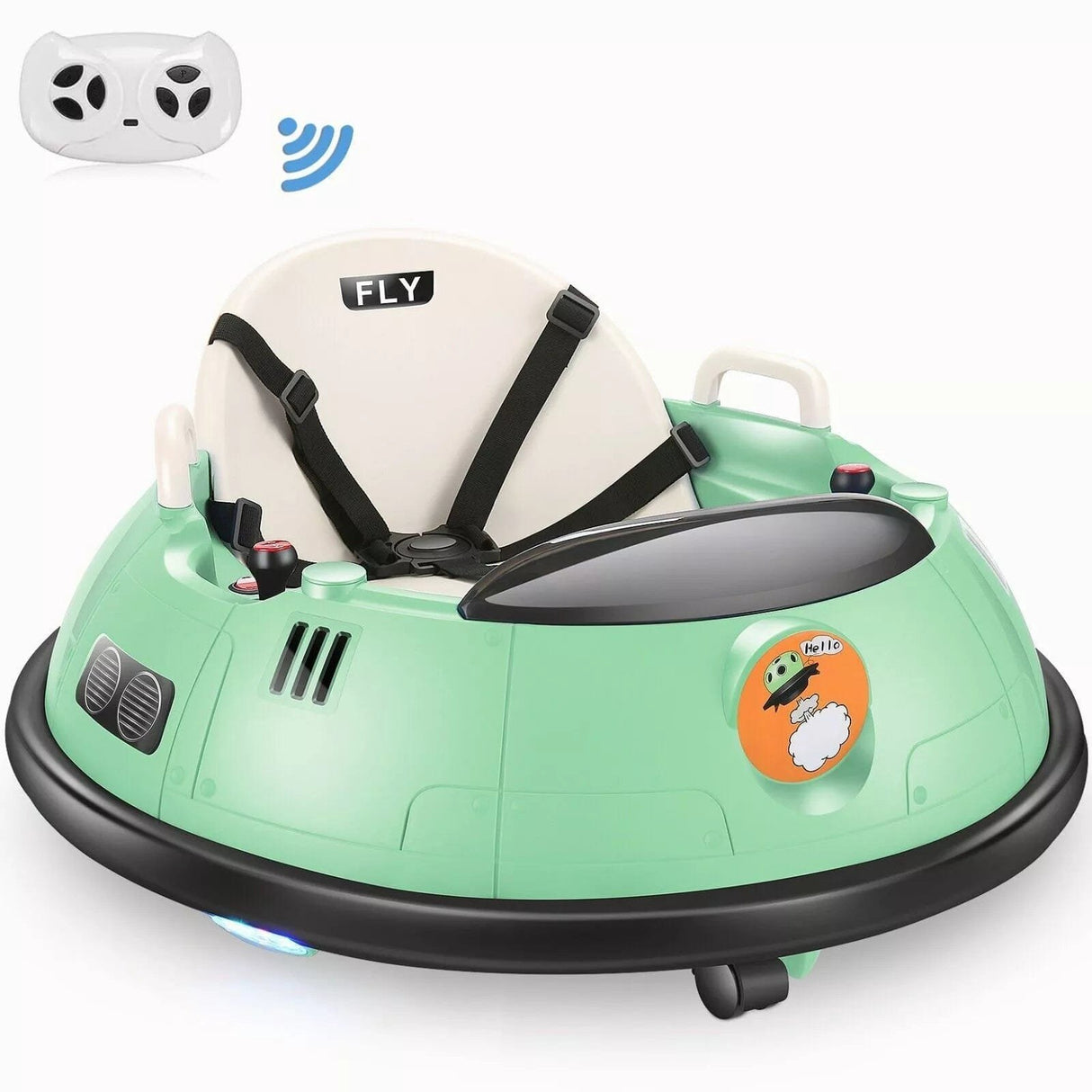Green baby bumper car with remote control.