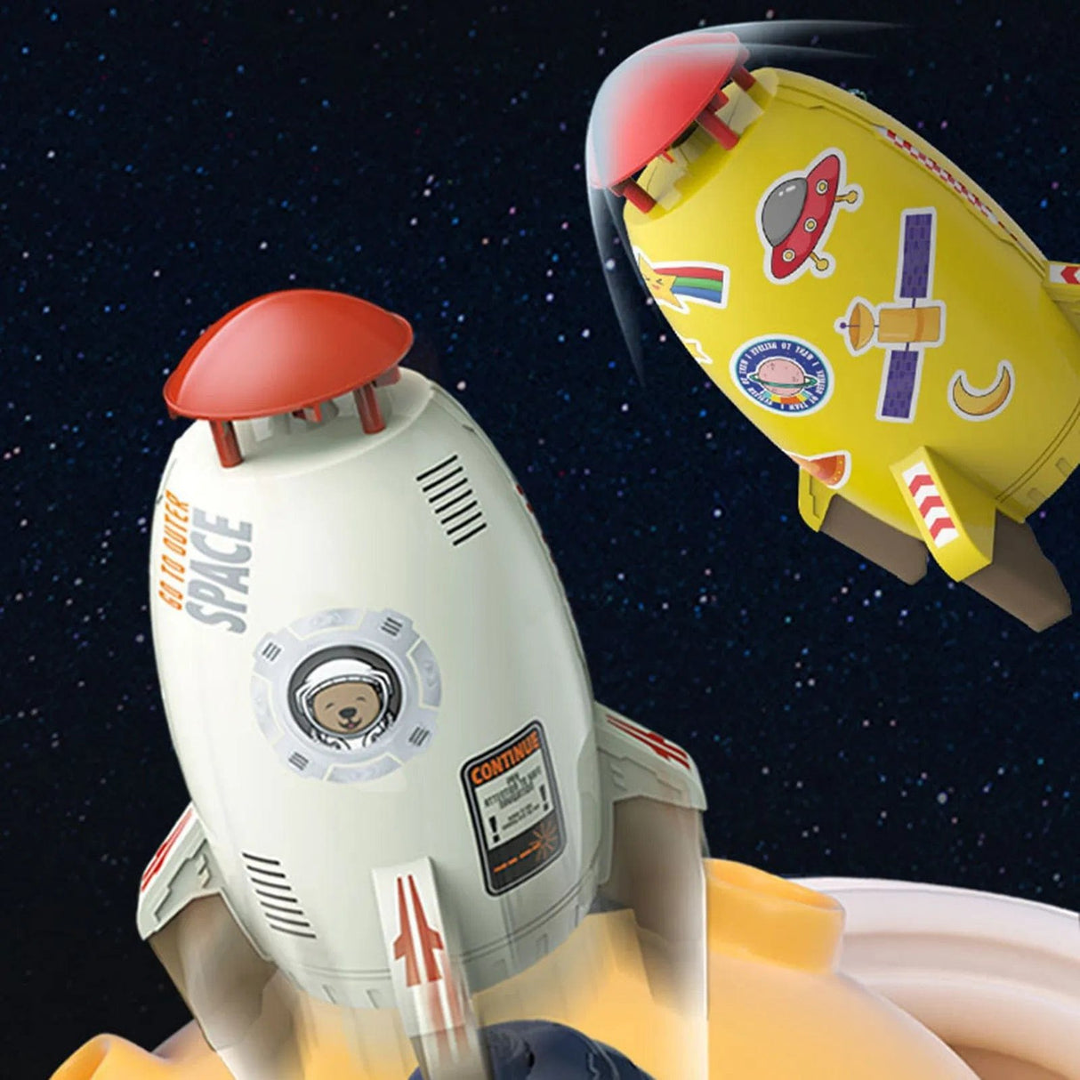 Toy rocket ship with space-themed stickers against a starry space.