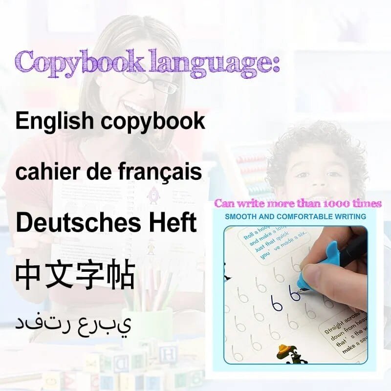 Copybook with text in multiple languages and a hand holding a pen.