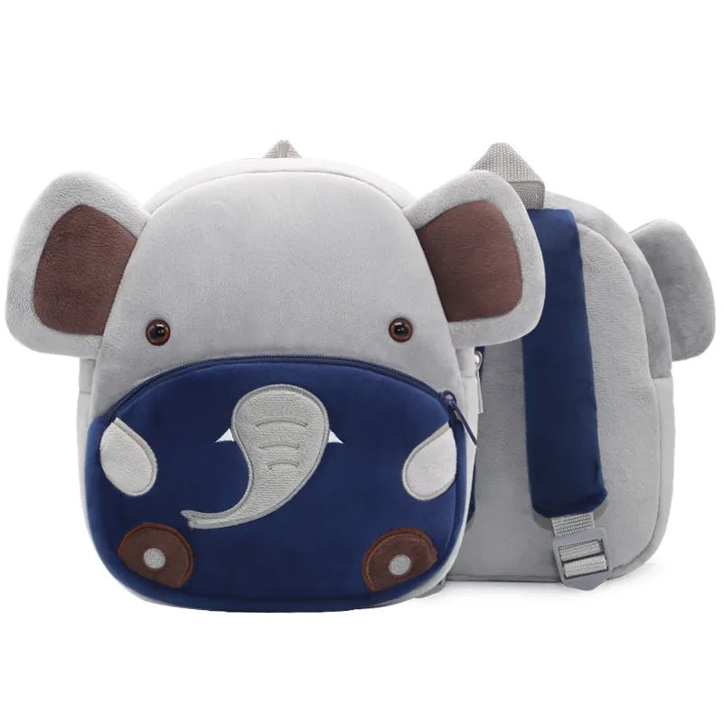 Children's backpack shaped like an elephant with gray, blue, and brown colors