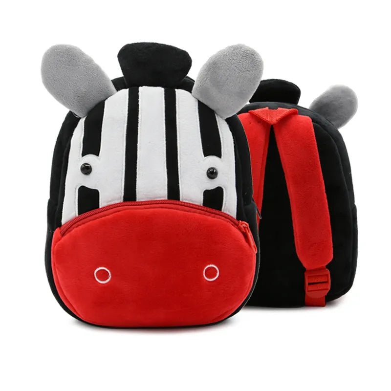 Children's backpack designed like a zebra with red accents