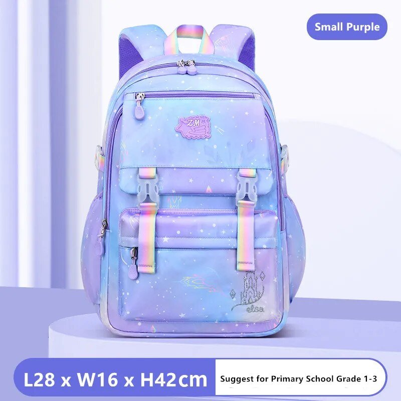 Small purple backpack with rainbow accents