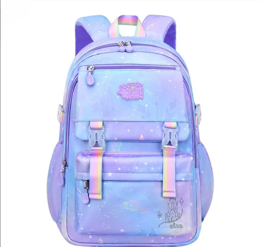 Pastel-colored backpack with castle design.