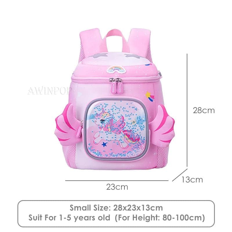 Pink children's backpack with unicorn design and measurements