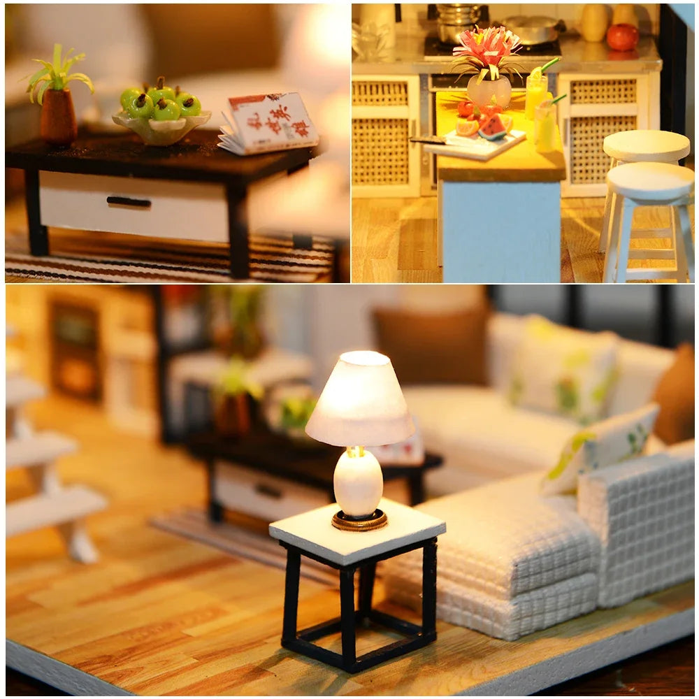 Collage of miniature furniture and decor items including a coffee table, lamp, and sofa.