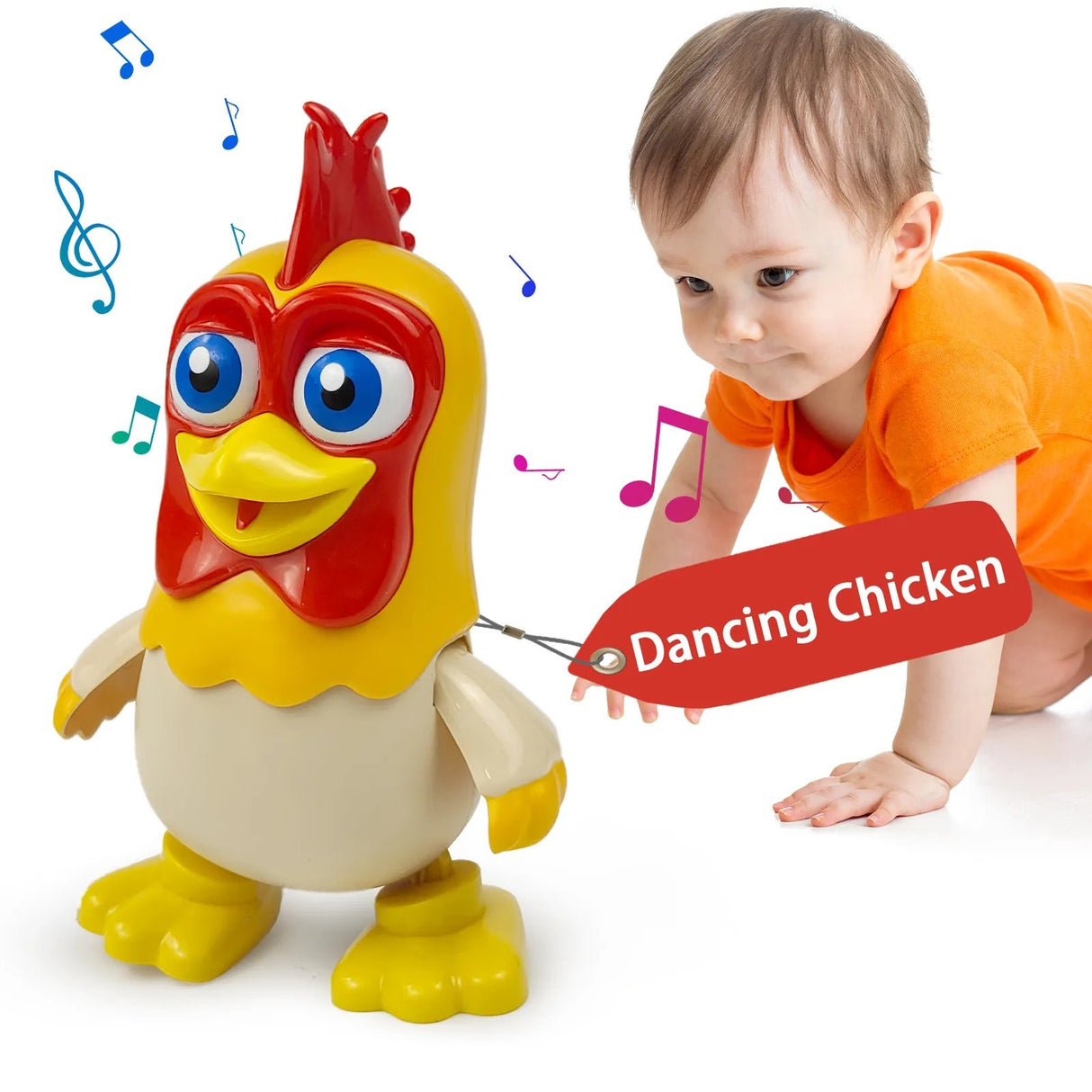 Child playing with a toy chicken labeled 'Dancing Chicken.