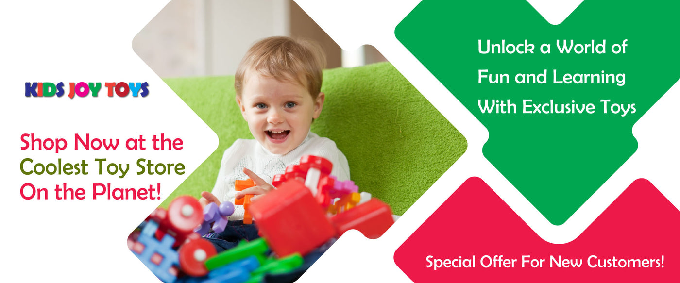 Child playing with toys on a green cushion, surrounded by promotional text for Kids Joy Toys.