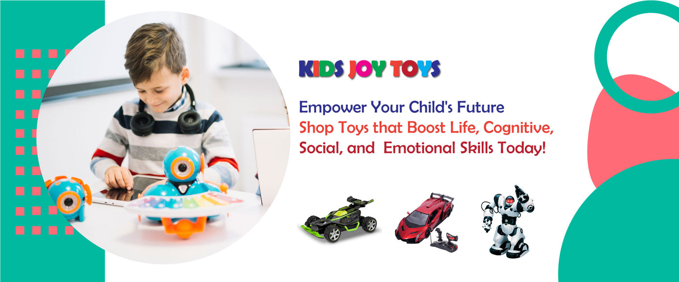 Promotional banner for Kids Joy Toys with a child playing with toys and product images.