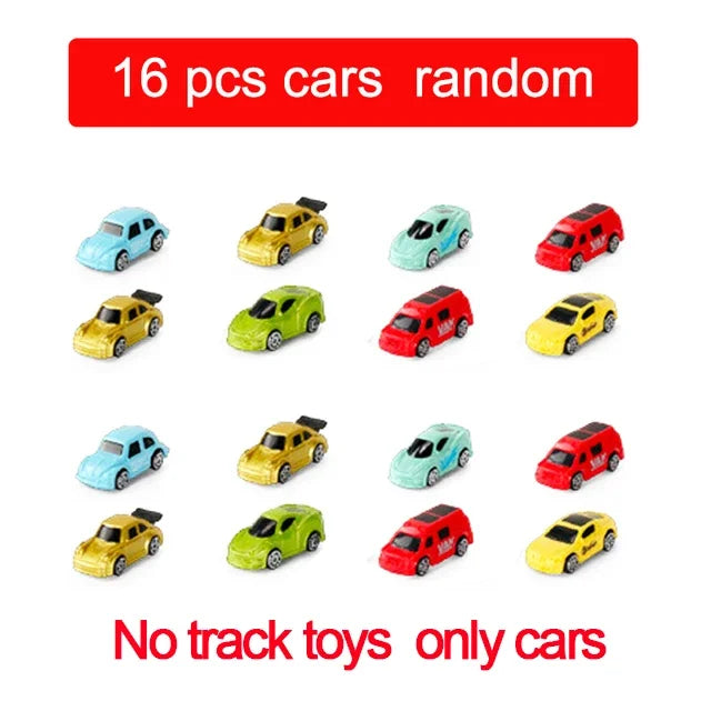 16 miniature toy cars in various colors.