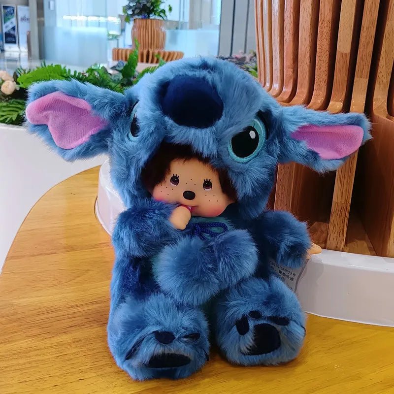 Blue plush toy with a small doll inside on a wooden table