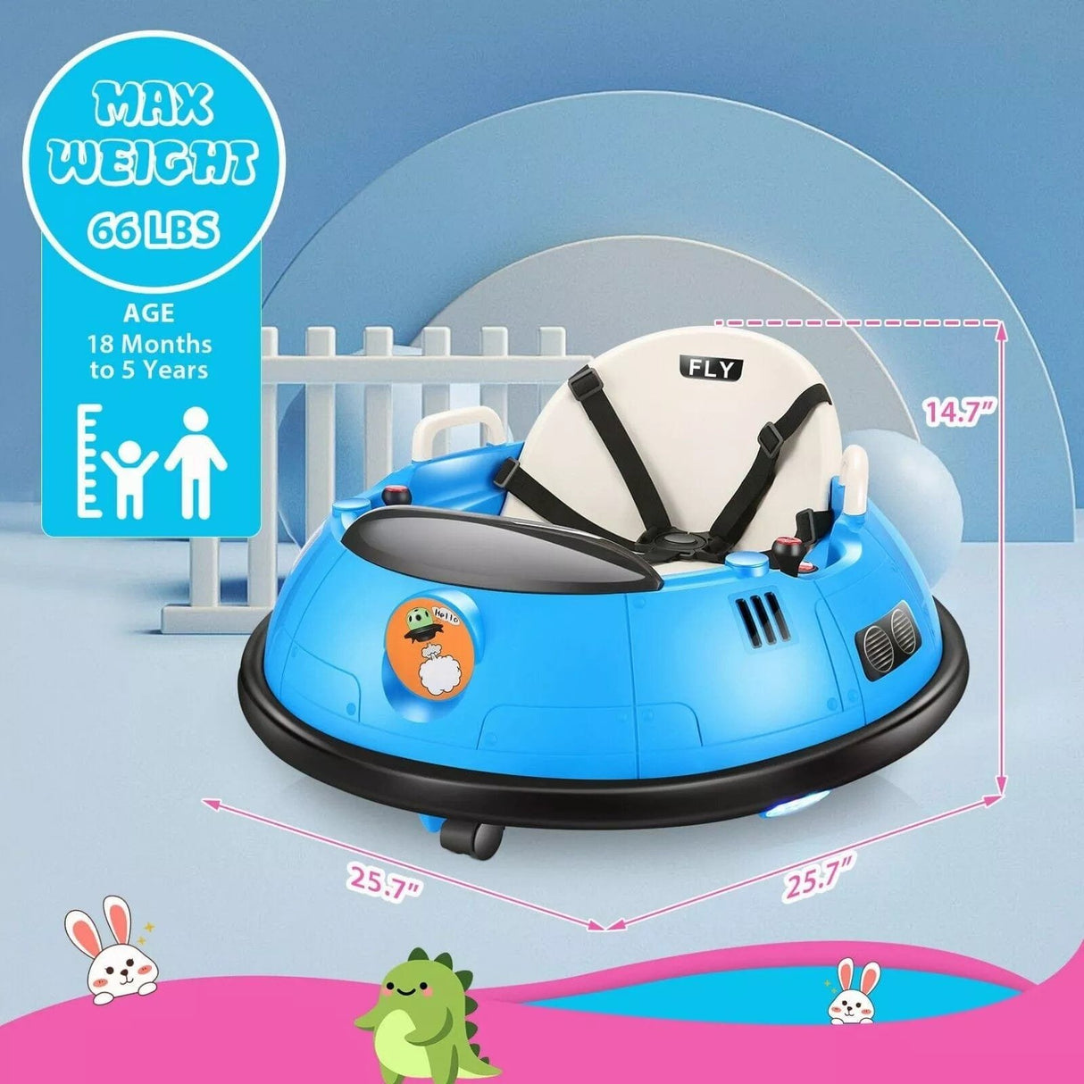 Blue children's bumper car with safety features and dimensions.