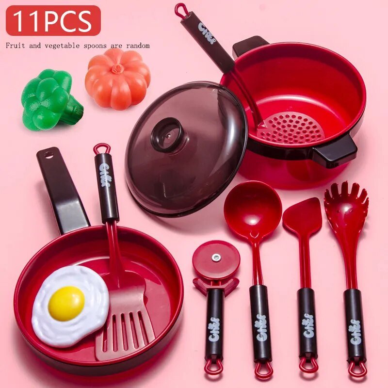 Set of red-and-black kitchen utensils, including pots, pans, and spoons.