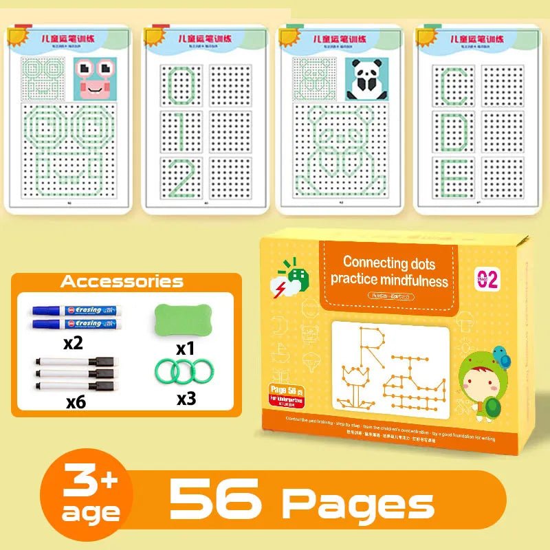 Educational activity book set with colorful pages and accessories on a yellow background
