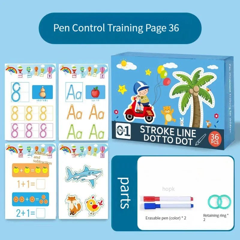Educational children's activity book with pen control training pages and a box on a blue background.