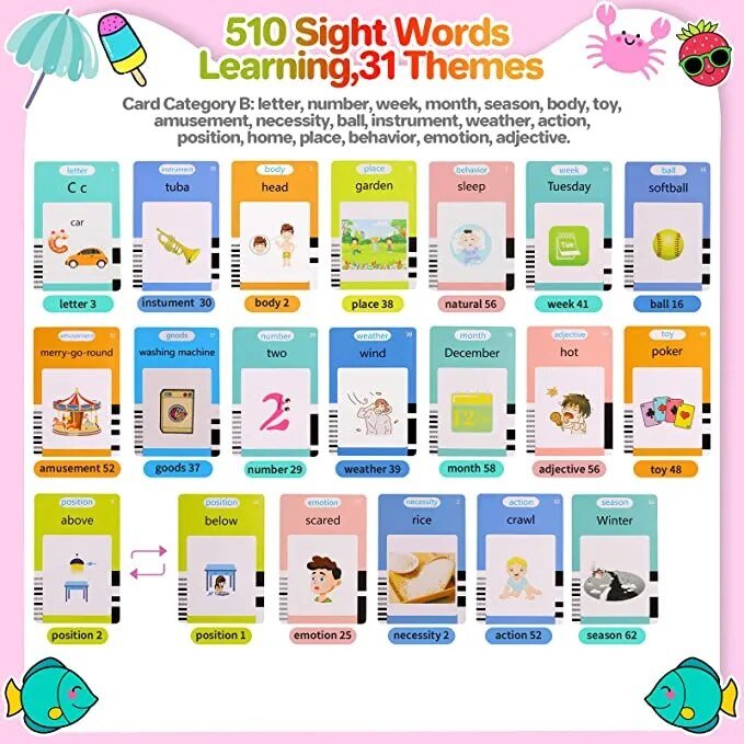 Educational flashcards for sight word learning with colorful design and illustrations.