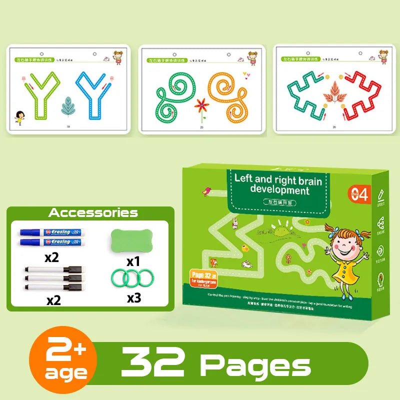 Educational product packaging with illustrations of pages and accessories on a green background