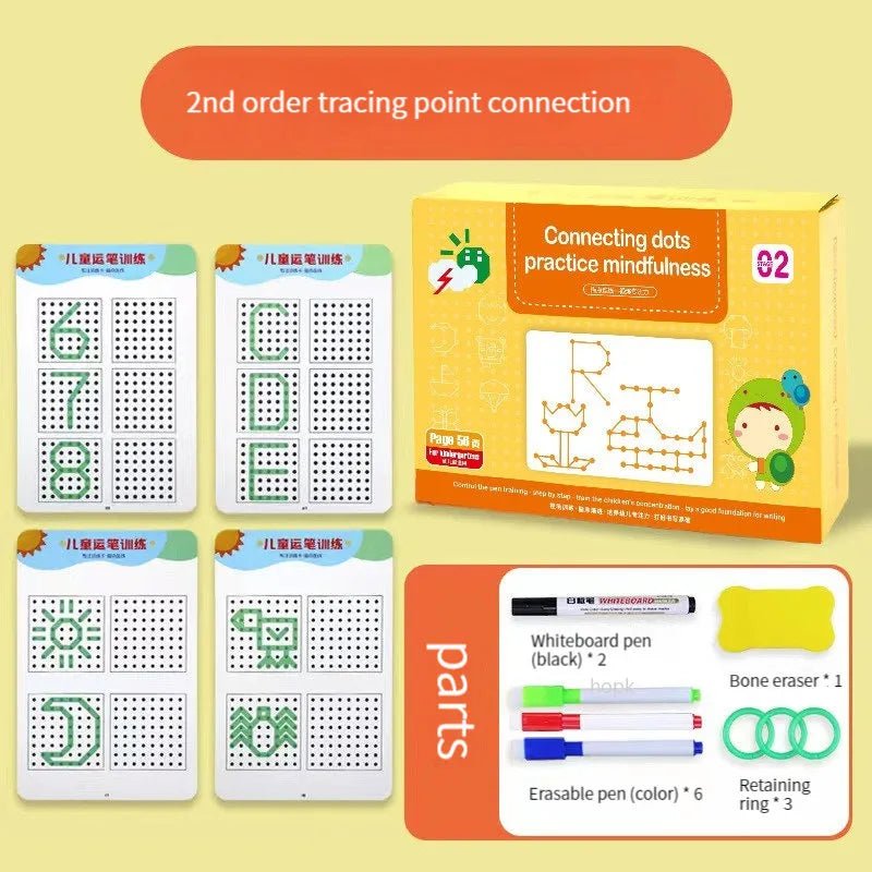 Educational product set with tracing point connection cards and packaging on a yellow background