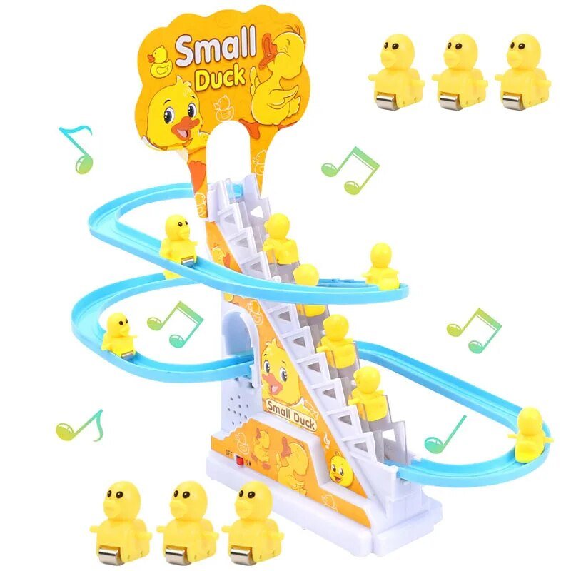 Toy track set with small ducks and musical notes.